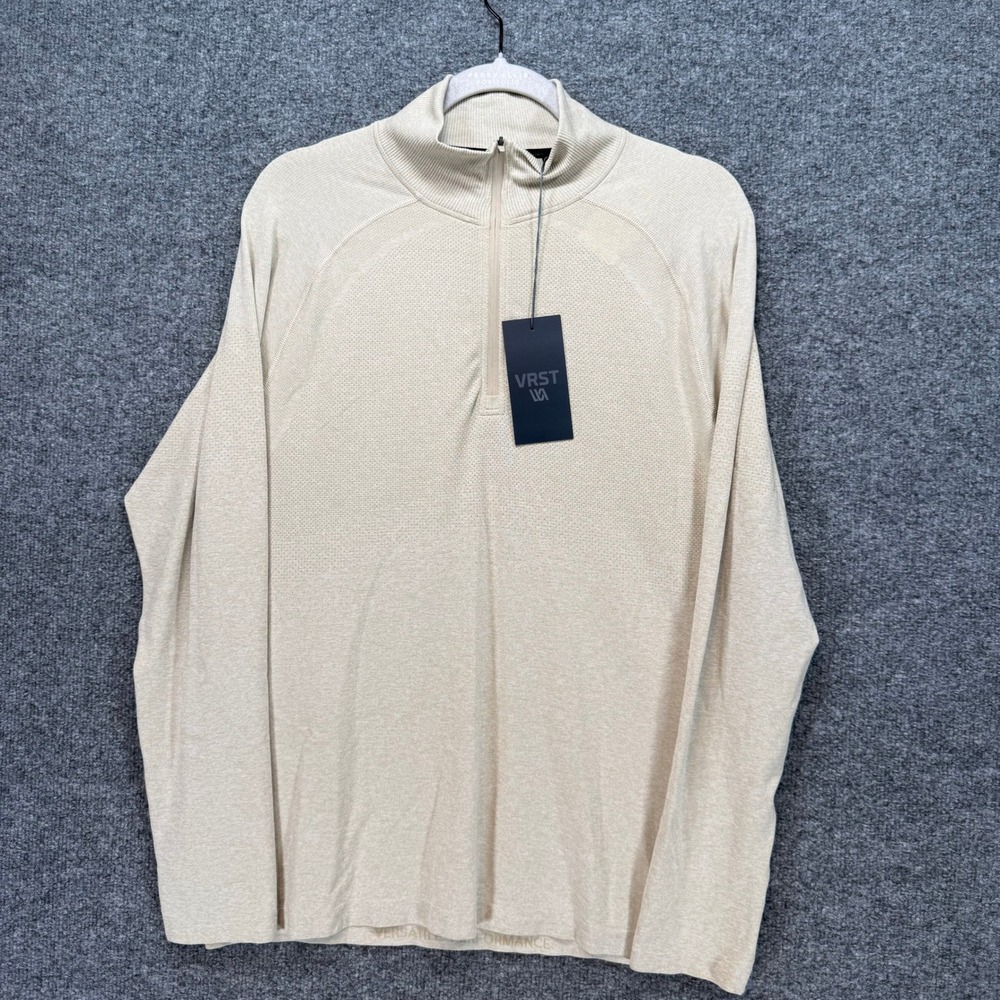 VRST 1/4 Zip Pullover Shirt Mens Medium Khaki Tan Sand Space Dye Athletic NEW‎